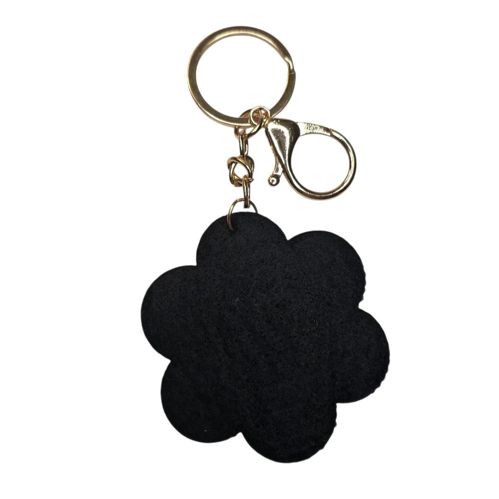 Camellia Flower Bag Charm Keychain Black & Silver Rhinestone Crystal Embellished